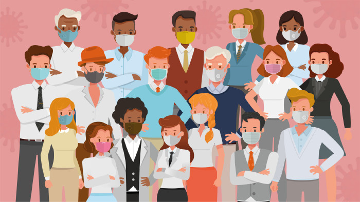 © yindee, stock.adobe.com Illustration: Gruppe von unterschiedlichen Menschen mit Mund- und Nasenschutzmasken © yindee, stock.adobe.com