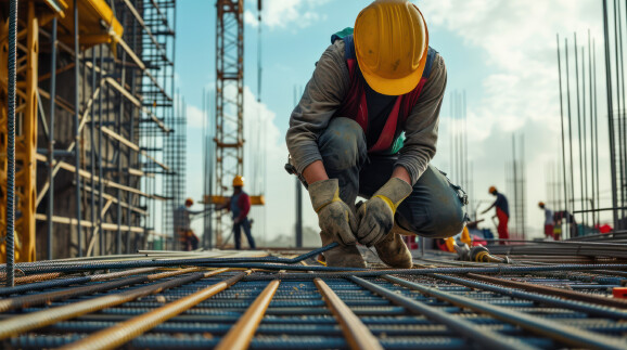 Bauarbeiter binden Baustahl auf der Baustelle