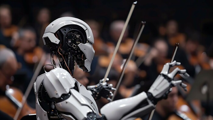 Roboter spielt Violine in einem Orchester