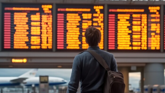 Junger Mann steht am Flughafen