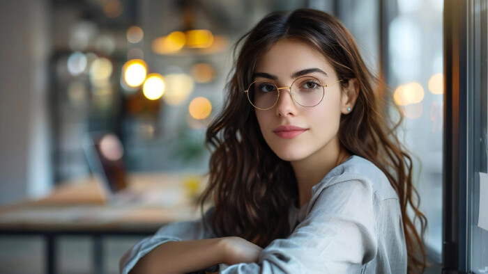 Junge Frau mit Brille blickt ernst in die Kamera