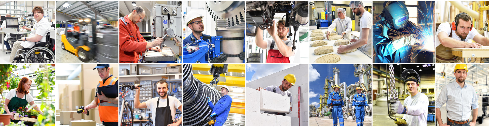 Eine Collage unterschiedlichster Arbeitsplätze im Industrie- Handwerks- und Dienstleistungssektor.