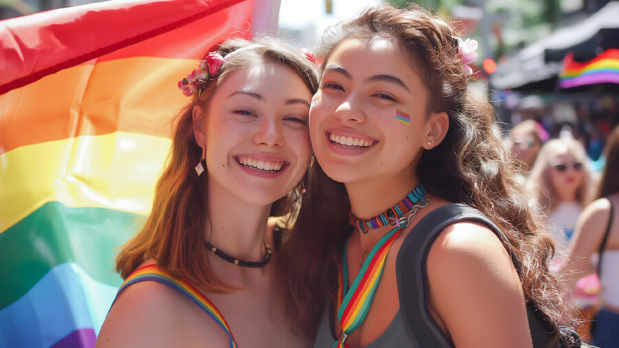 L&auml;chelndes junges lesbisches Paar feiert den Pride Month