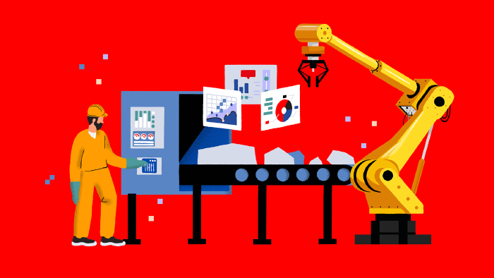 Ein Mann bedient eine Industrie-Fertigungsmaschine. Ein Roboter hilft bei der Arbeit. Datensätze schwirren durch das Bild. © Very Nice Studio